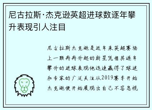 尼古拉斯·杰克逊英超进球数逐年攀升表现引人注目